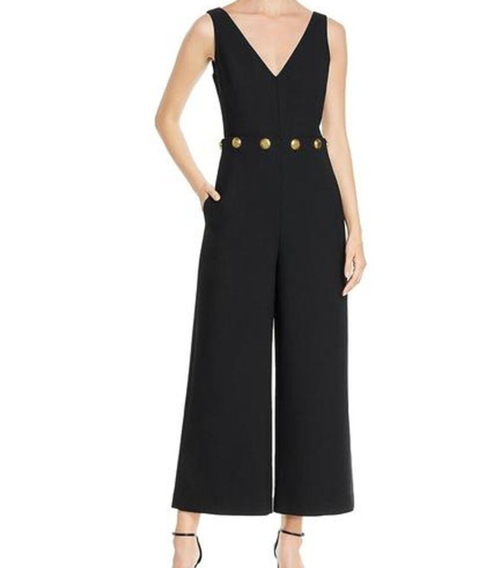 Tory Burch Black Gold Button Jumpsuit Size 8 Sleeveless V-Neck Wide Leg
